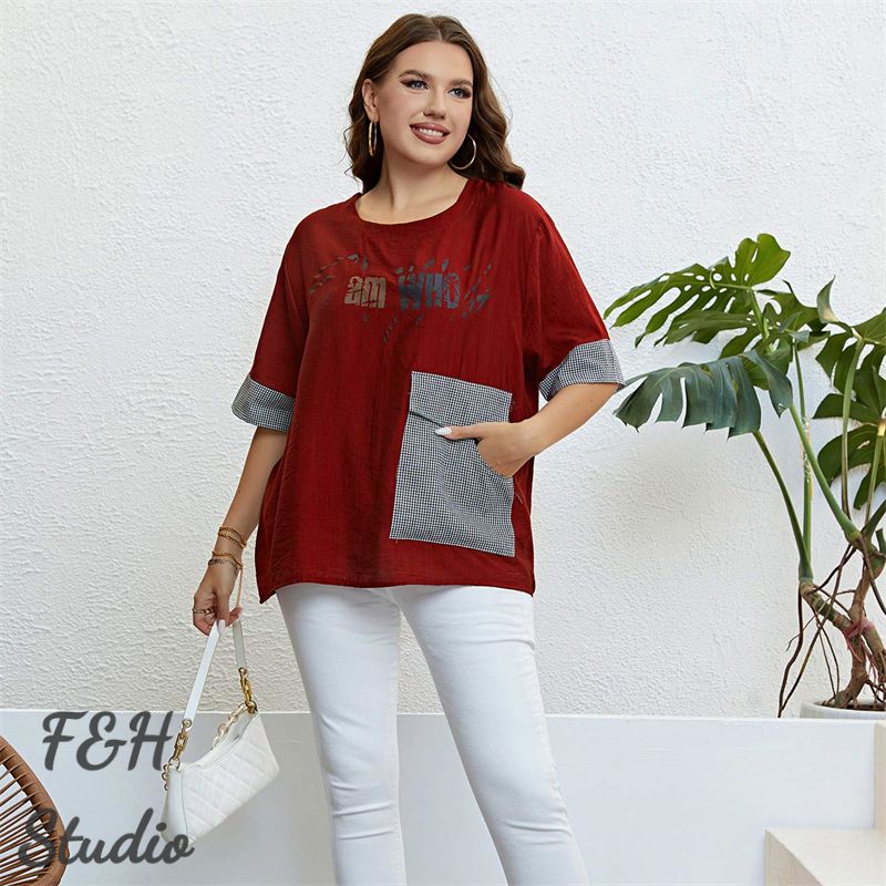 F&H 3324 XL-3XL Women Plus Size Checkered Pocket Summer Blouse Red
