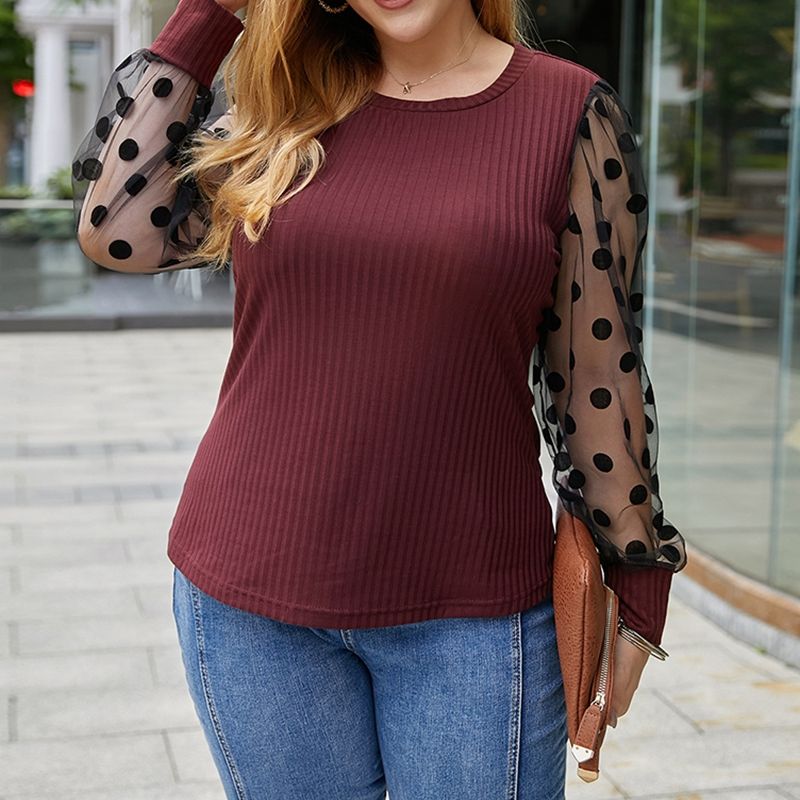 XL-4XL Round Neck Polka Dot Long Sleeve Plus Size Blouse Red 2257