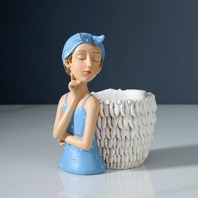 Resin Girl Figurine Artware Statue For Living Room Ornaments Blue