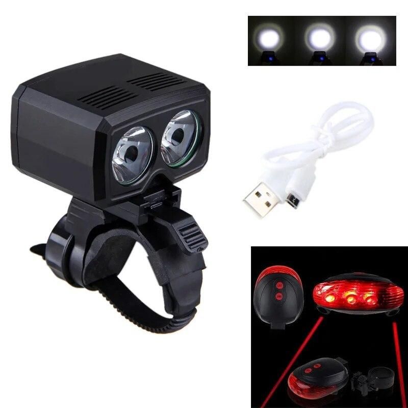 Rechargeable Bicycle USB Light 2x XM-L T6 Led Bike Headlight Cycling Flashlight Lamp 5 Modes with Tailight Rear Light Set