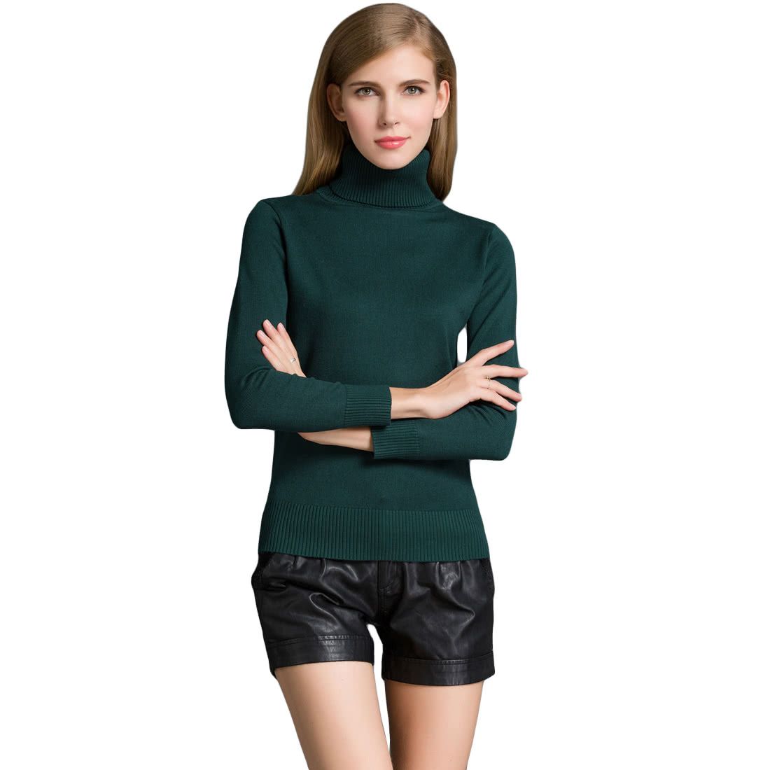 Winter Women Sweater Knitwear Turtle Neck Long Sleeves-dark Green