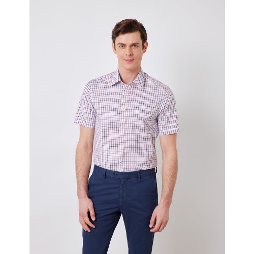 Red & Navy Multi Check Slim Fit Short Sleeve Shirt
