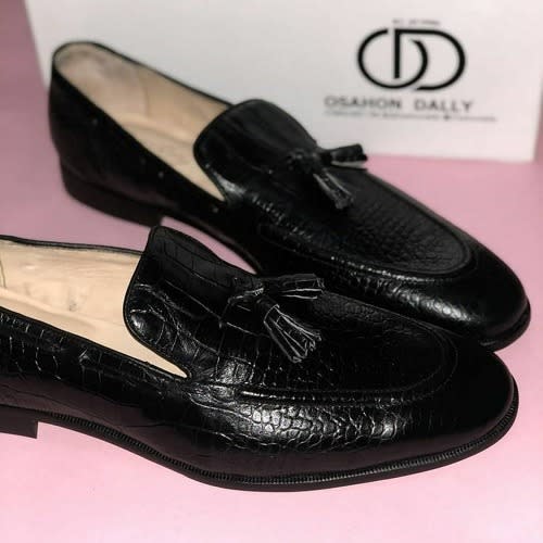 Black Croc Skin Ridge Loafers With Tassels