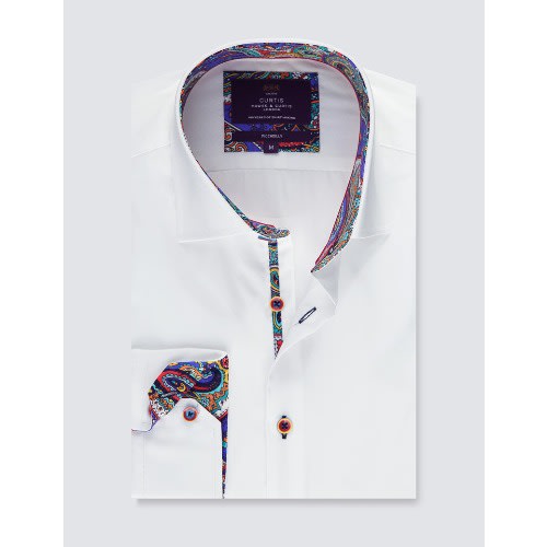 Men’s Plain White Contrast Stretch Slim Fit Shirt - Low Collar - Single Cuff