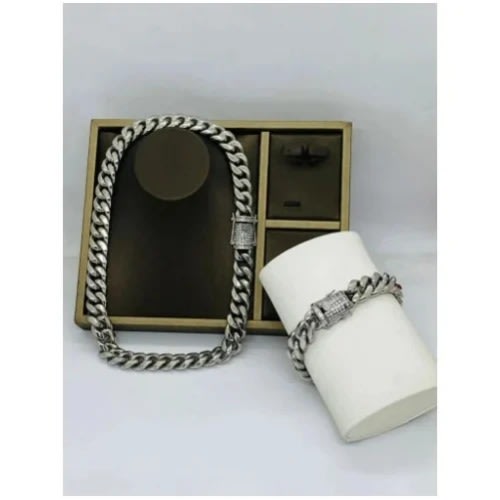 Fashion Front Cuban Chain With Bracelet - Silver