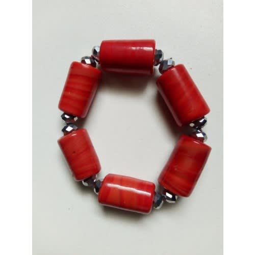 Traditional Crystal Glass Coral Bead Bracelet With Silver Stone