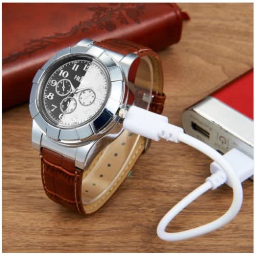 Huay Rechargeable USB Leather Men's Electronic Wrist Watch - Lighter Brown