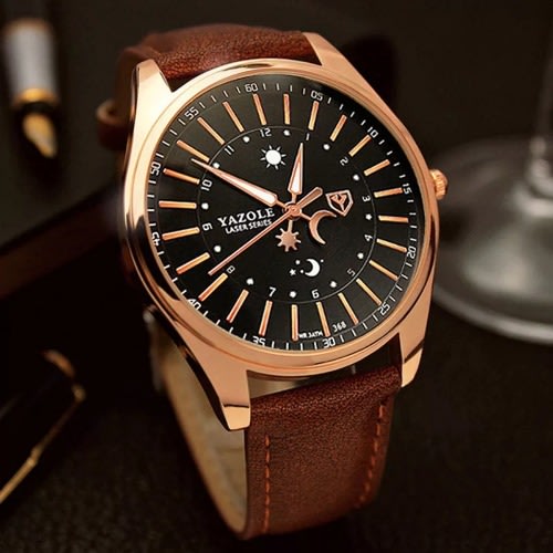 Men Brown Leather Waterproof Business Wristwatch