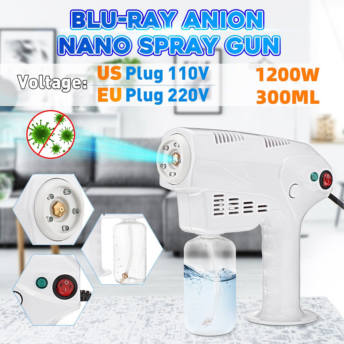 1200W 300ML Portable Nano Steam Sprayer Blue Ray Anion Disinfection Machine Hair Care Deep Cleaning Facial Cleaner Beauty Skin Care SPA Tools 110V