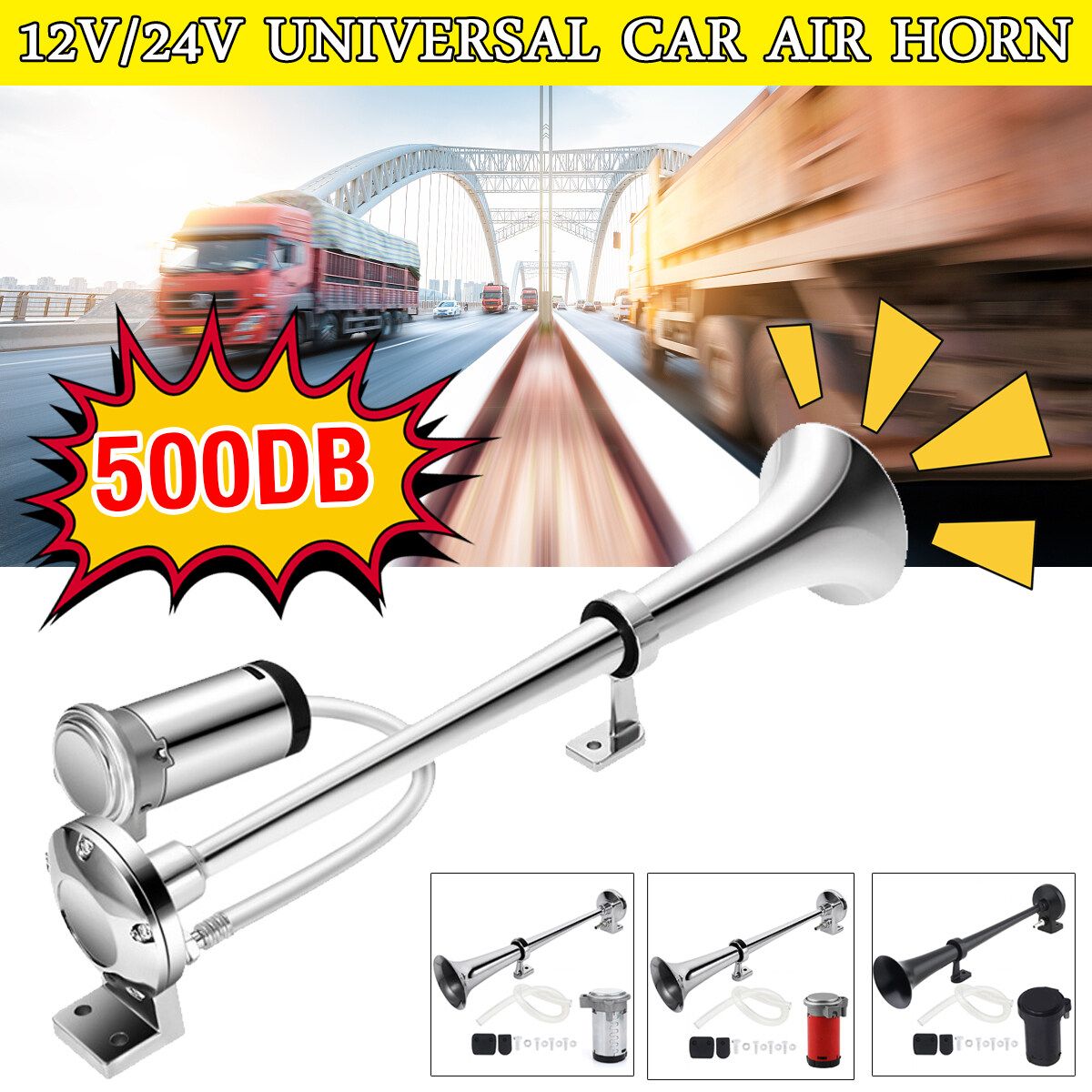 24V Car Air Horn 150DB Super Loud Horn Truck Train Horn Kit Black