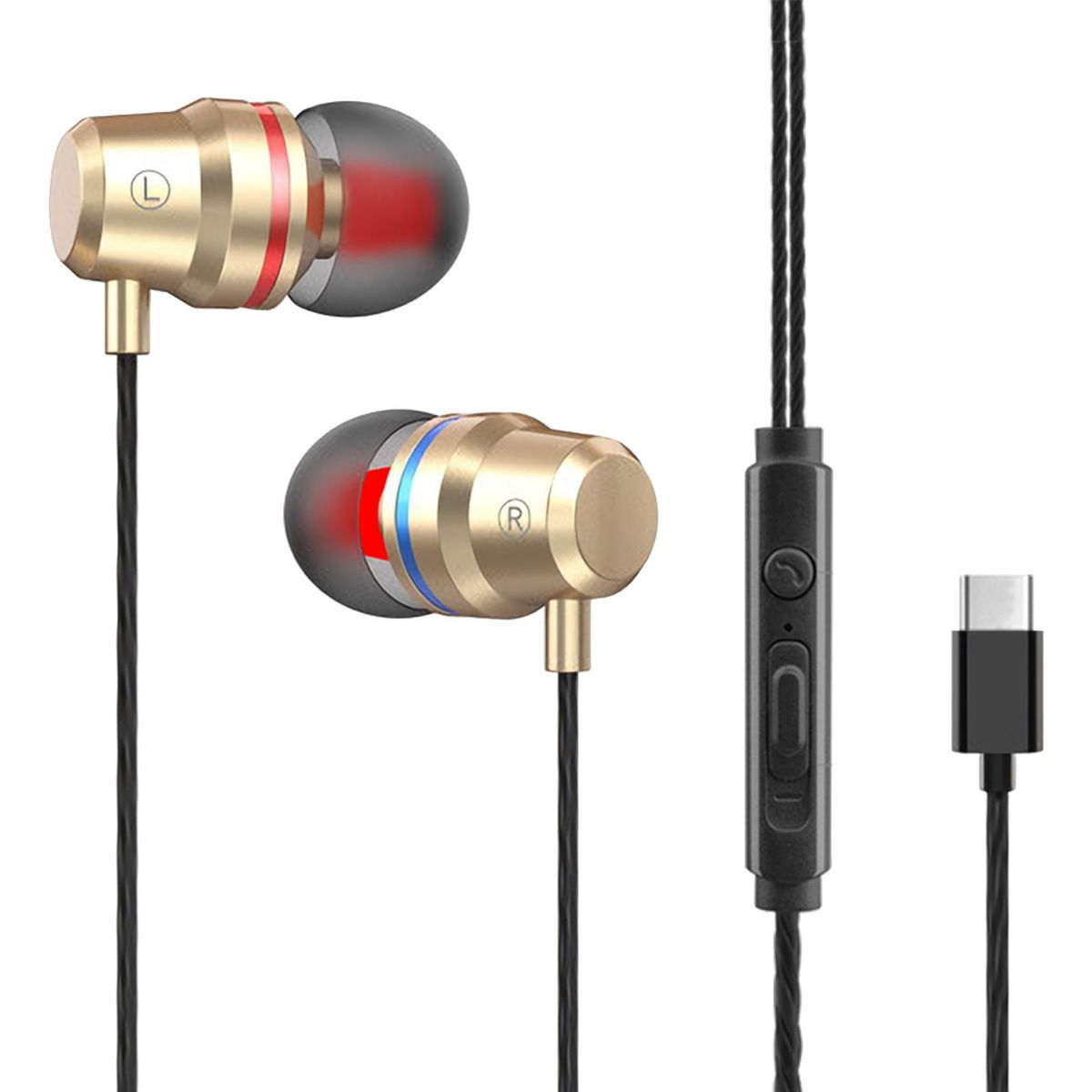 YT1 Wired Earbuds In-ear Heavy Bass Metal Type-C Wire-Golden