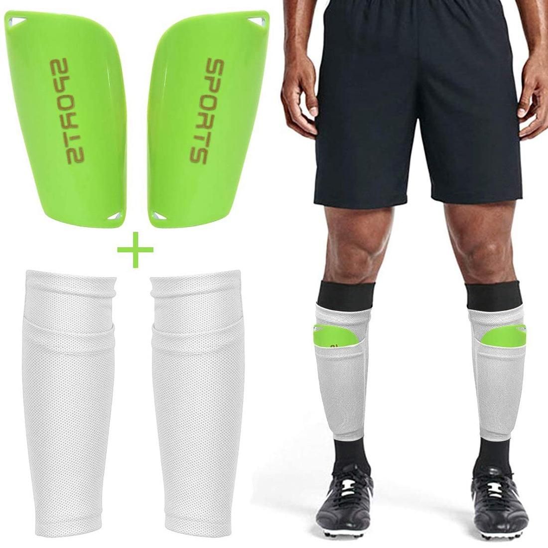 Football Shin Guard Socks+Shin Pads Sleeves Mesh Breathable for Football Games Beginner Fitness Sports Protective Gear,S Green+White