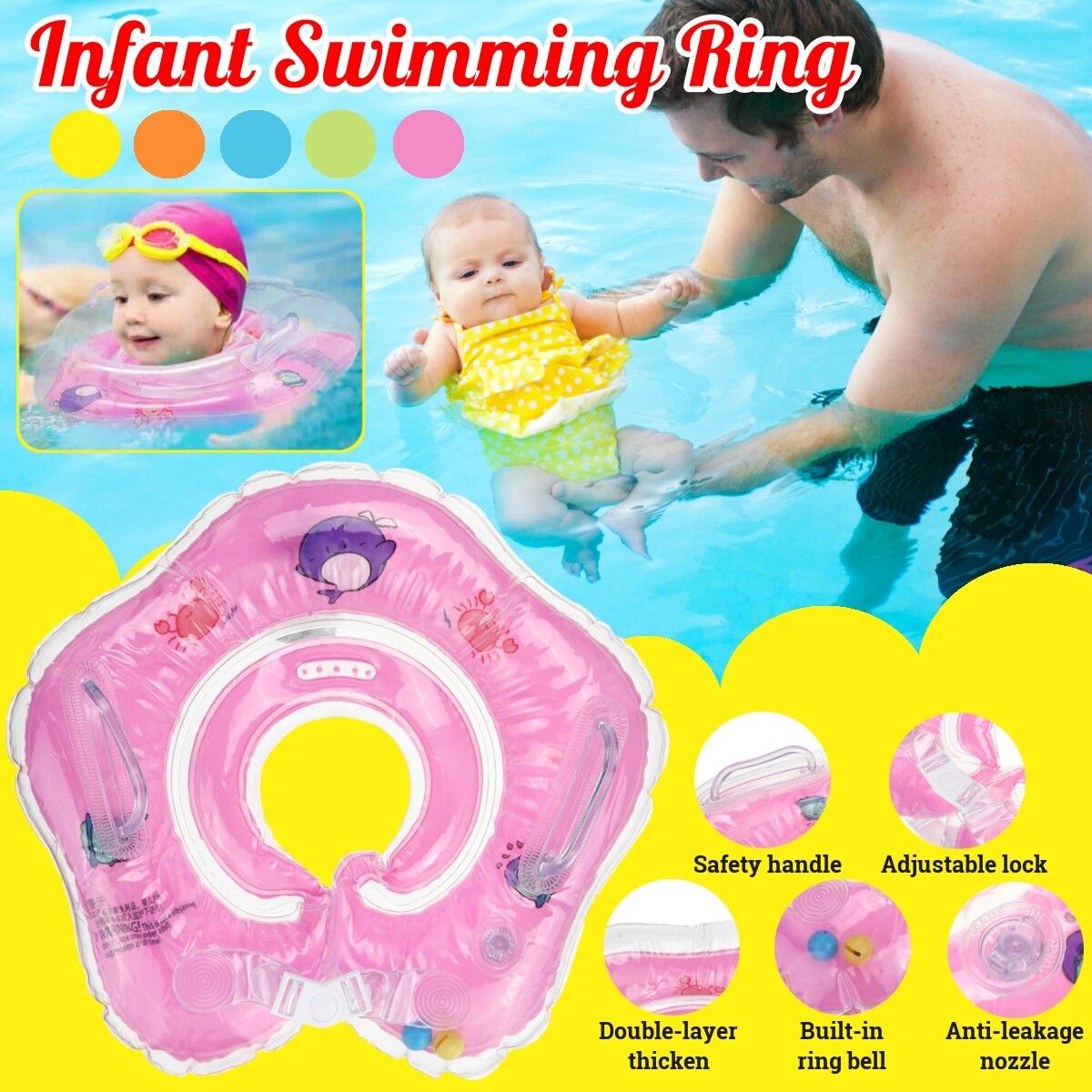 Baby Swimming Ring Kid Infant Neck Collar Float Air Inflatable PVC 0-18 Months Pink