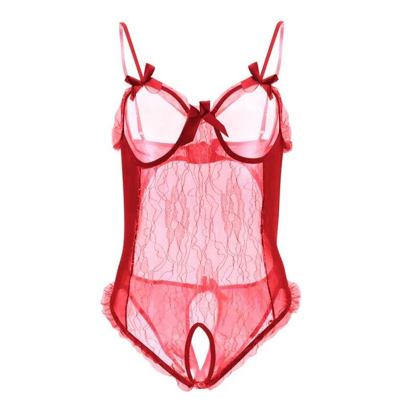 Women Bodysuit Ladies Lace  Underwear    Babydoll Nighty Crotchless Nightwear-Red