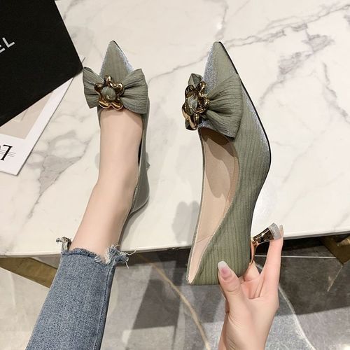 Temperament Shallow Pump Pointed Bow High Heels -Green