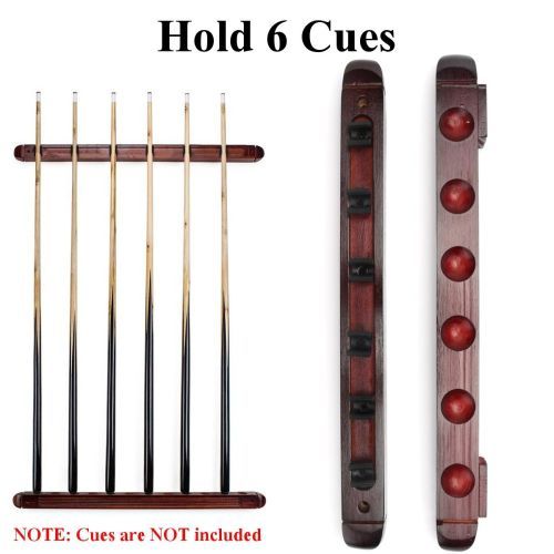 6 Clips Wooden  Rack Wall Mounted Pool Billiard Snooker Game Room Mahogany