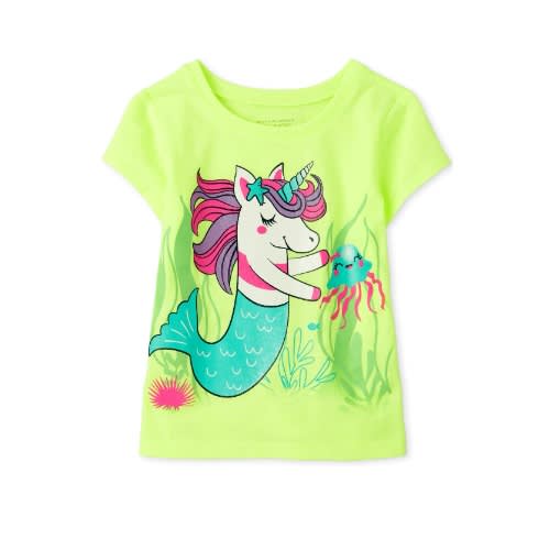 Girls Mer- Unicorn Glitters Graphic Top- Lime Green