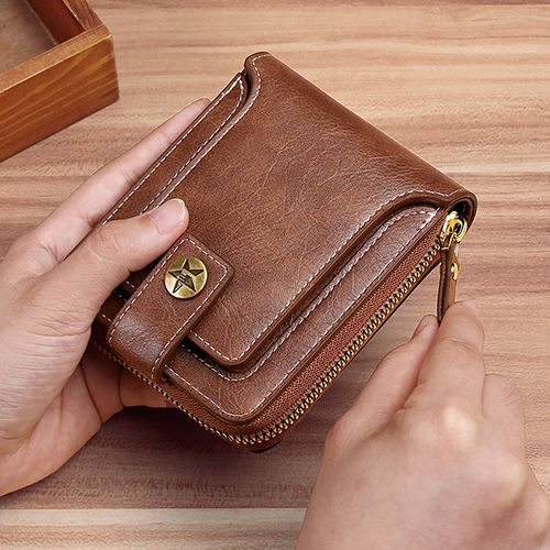 Men's Zipper Multi Card Function Buckle Short Wallet - Brown