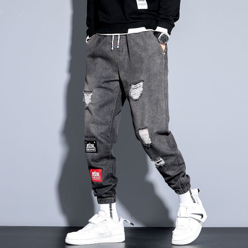 Korean Style Casual Print Loose-Fitting Trousers-Black
