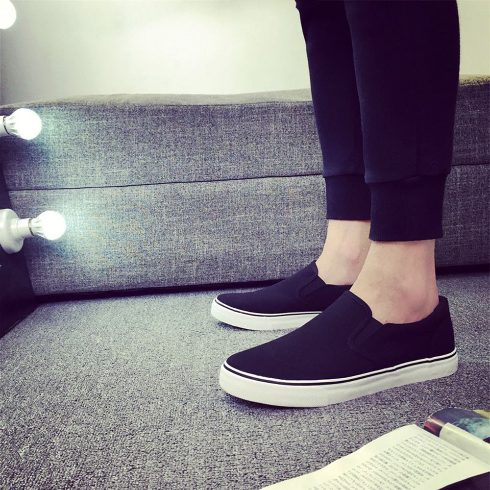 Four Seasons Canvas Men's Lazy Black Shoes Slip-On Large Size Shoes White Sole