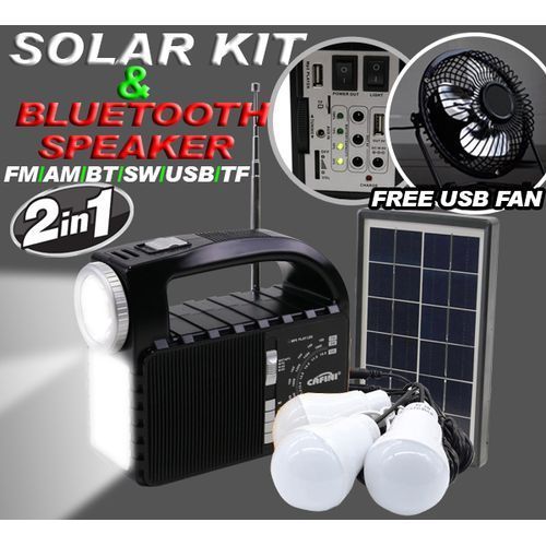 SOLAR KIT/BLUETOOHT PORTABLE SPEAKER + 3 BULBS & FREE USB FAN (SUPER BATTERY CAPACITY)