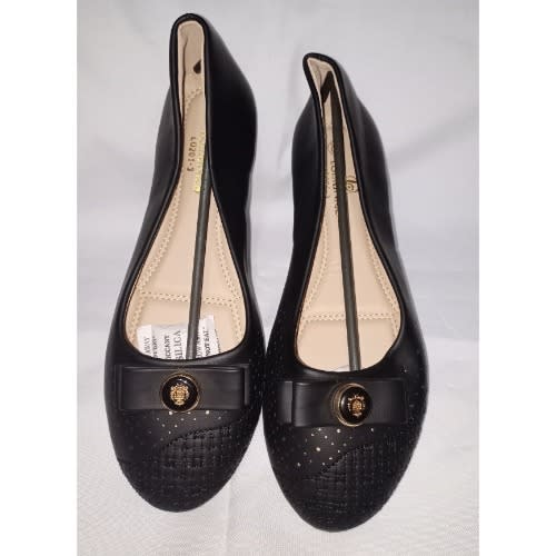 Embroided Stock Leather Female Flat Office Shoe- Black