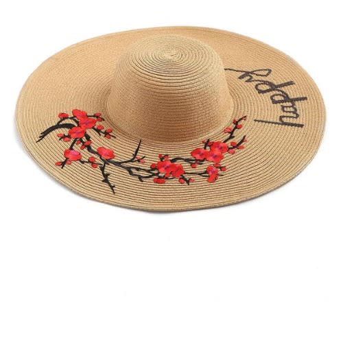 Happy Floral Embroidered Wide Brim Sun Hat - Brown