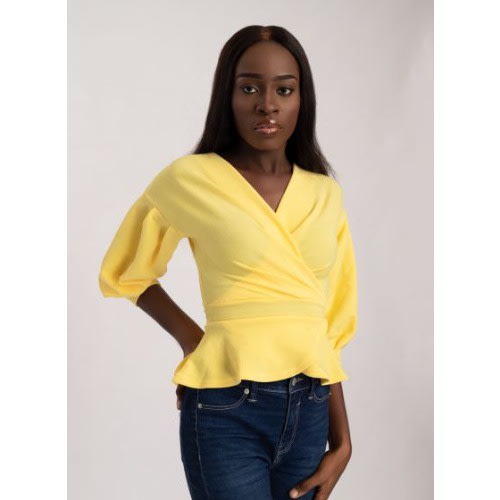 Female Wrap Top With Peplum Waist In Yellow Bundle (20pcs)