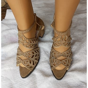 Suede Heeled Sandals With Rhinestone - Beige/brown