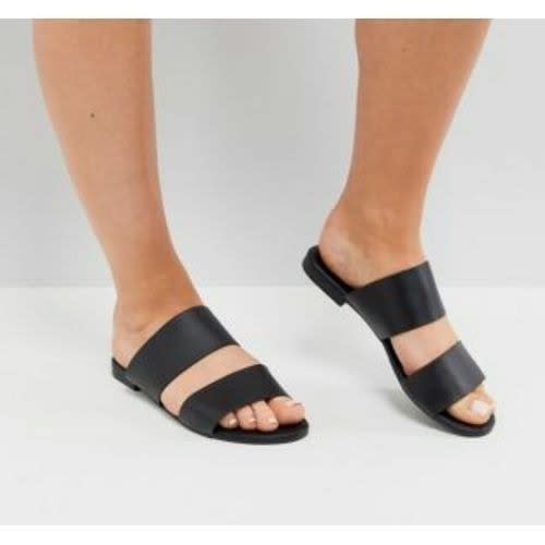 Ladies Double Strap Leather Slippers - Black