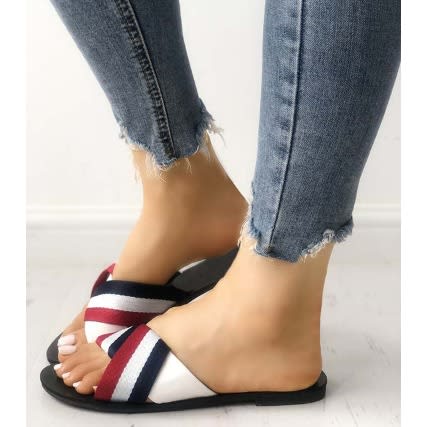 Contrast Striped Ladies Flat Slippers - Multicolour