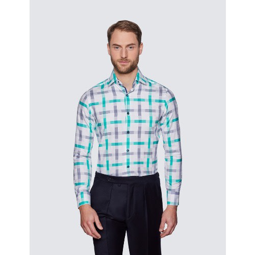 Men's Curtis White & Green Large Check Slim Fit Shirt - Low Collar