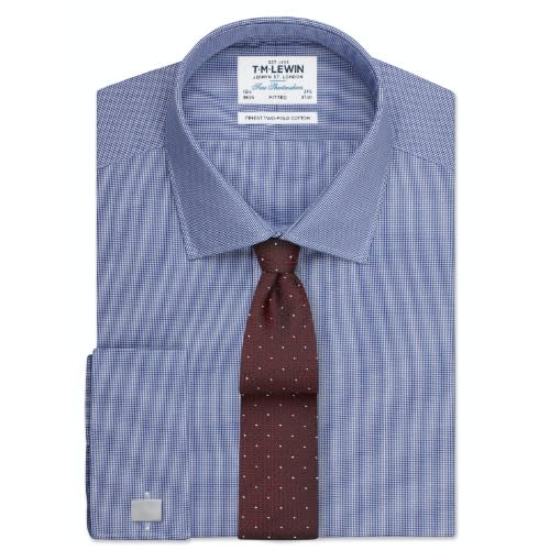 Fitted Navy Fine Check Shirt – Double Cuff