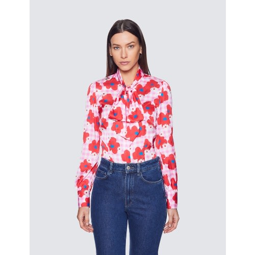 Women's Floral Gingham Check Print Bow Blouse - Pink & Red