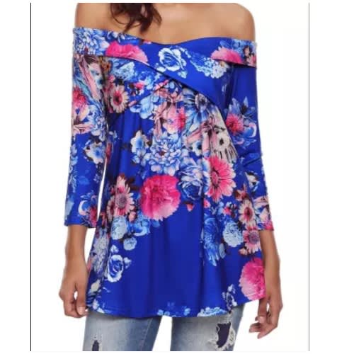 Blue Floral Off Shoulder Crisscross Top - Blue
