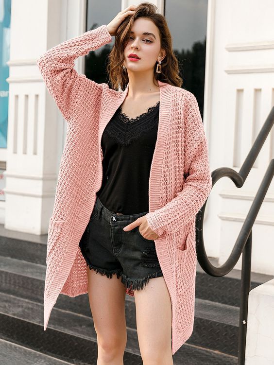 Women Solid Loose Knitted Dual Pocket Drop Shoulder Cardigan Sweater - Baby Pink