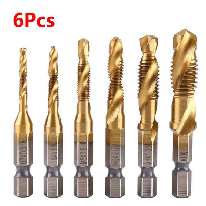 6Pcs Hex Shank Titanium Plated HSS Screw Thread Metric Tap Drill Bits