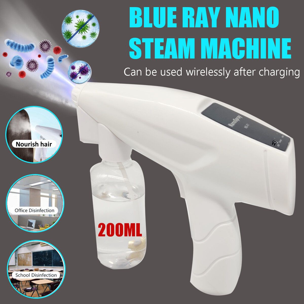 200ml 110V-240V Household Blue Light Nano Steam Spray Sprayer Machine Disinfection Portable Removal Wireless Ultra Capacity