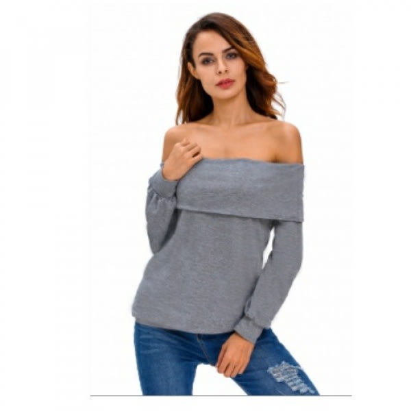 Fold Over Off Shoulder Warm Sweatshirt - Grey