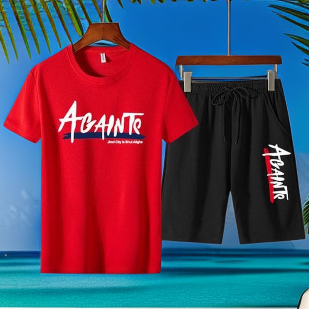 Mens 2 In 1 Short Sleeve Round Neck T-Shirt & Shorts Set-Red