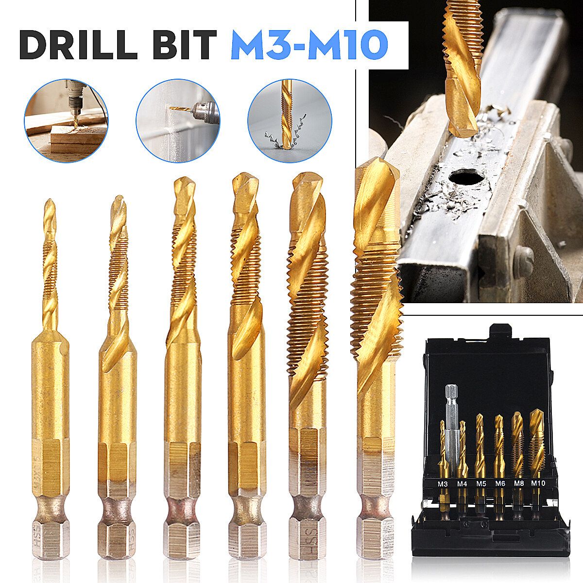 -M10 Hexagon Shank HSS Screw Thread Tap Taper Drill Bit Combination Set