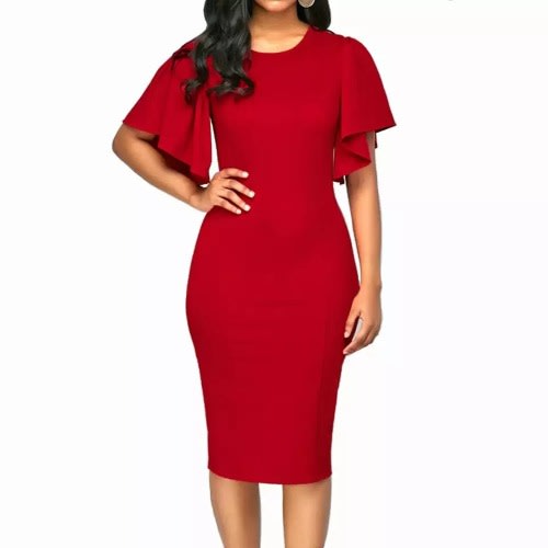 Detail Flare Sleeve Midi Dress -red