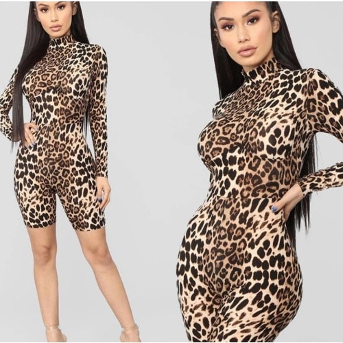 Nice Leopard Print Playsuit Turtle Neck