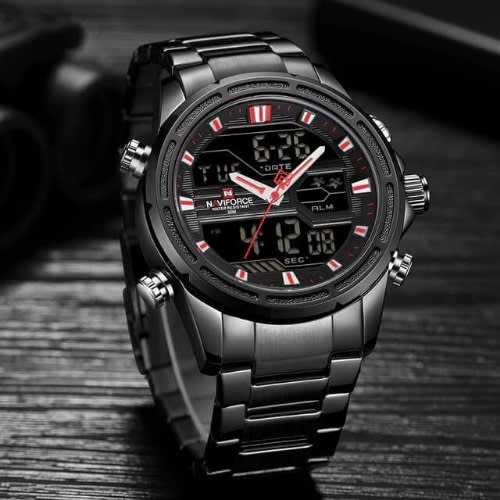 Double Timer Black Bracelet Stainless Strap Wrist Watch