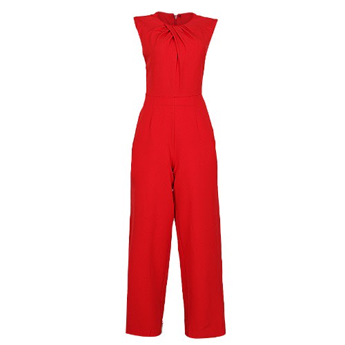 Neck Pleated Sleeveless Jumpsuit - Red