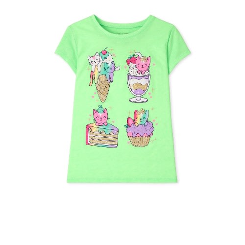 Girls Desert Kitty Graphic Top- Lemon Green