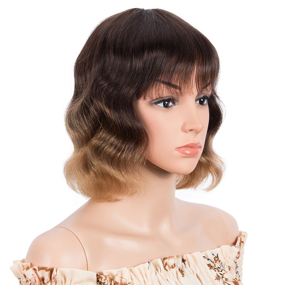 Short Wavy Bob   With Bangs For Women Colored Brazilian