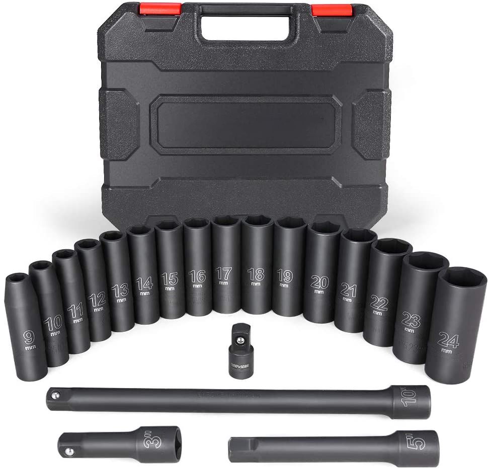 20PCS 1/2-Inch Drive Metric Deep Cr-V Impact Socket Set