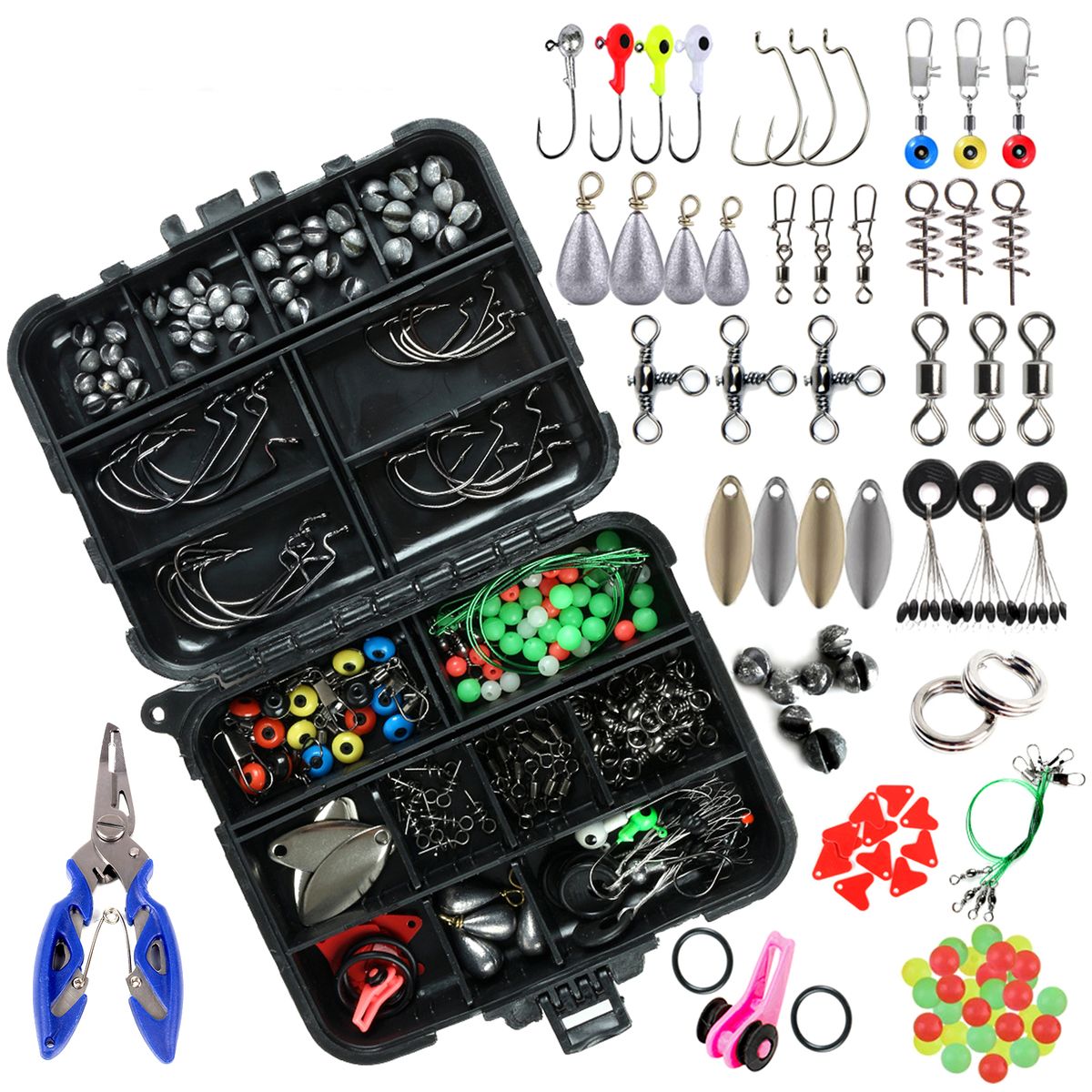 188pcs Fishing Accessories Kit With Tackle Box Pliers Jig