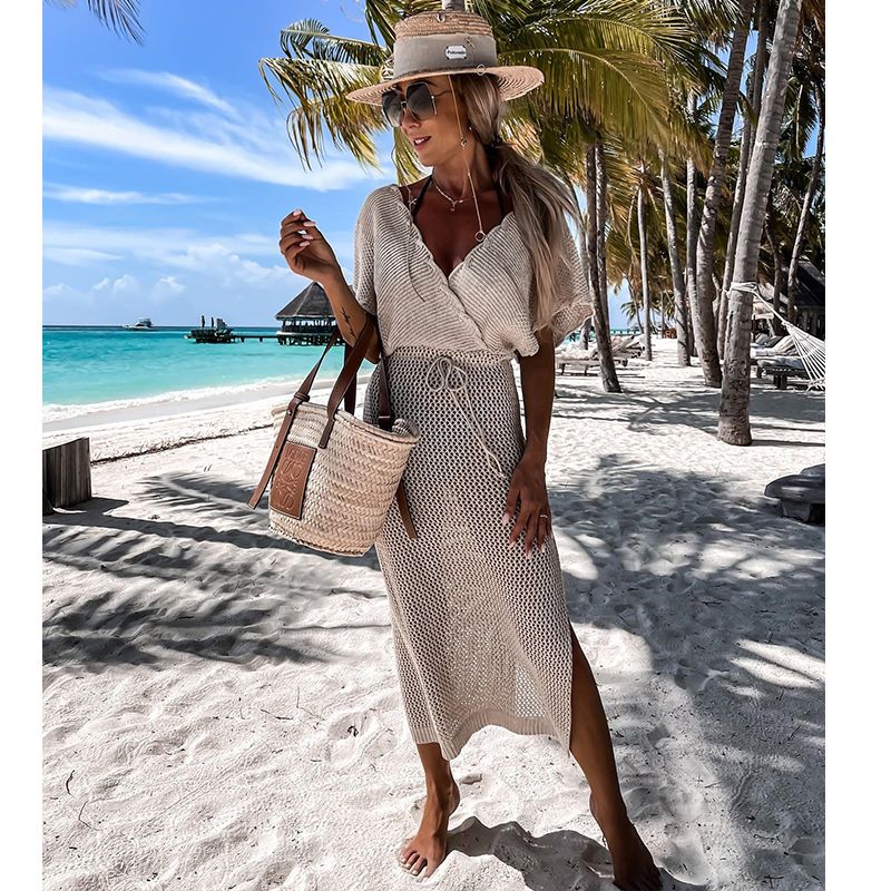 (AYM22019K1)2023 White Crochet Tunic Bikini Cover-ups Sexy Hollow Out Long Dress V Neck Women Summer Clothes Beach Wear Knitted Cover Up SMA